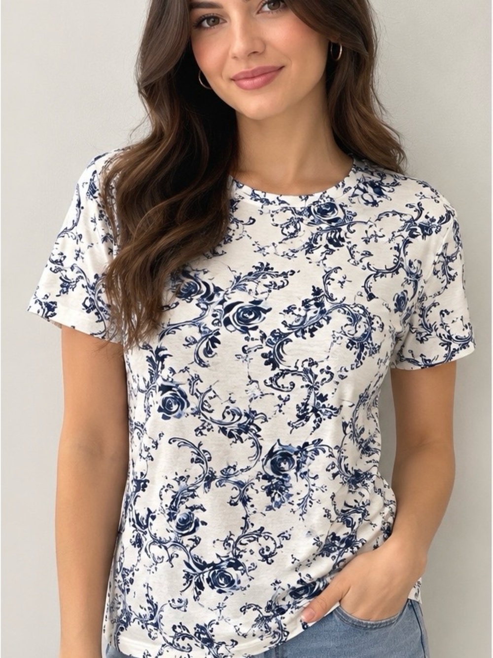 Lagaci White Tee with Navy Floral Scroll Print